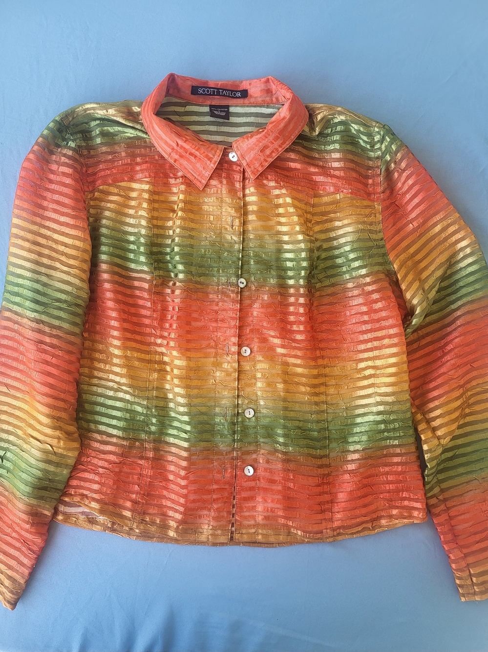 Vintage Scott Taylor Striped Sheer Button-Front Blouse in Orange/Green/Gold